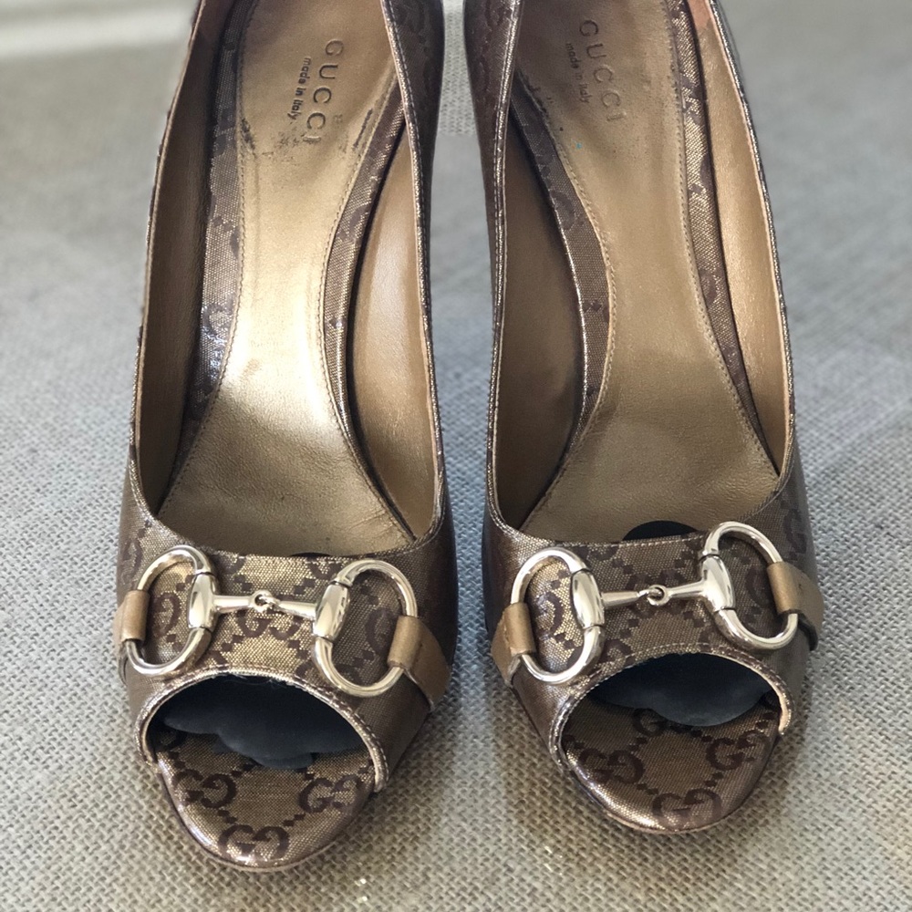 Gucci
Brown Gold Satin Gg Monogram Peep-toe Pumps